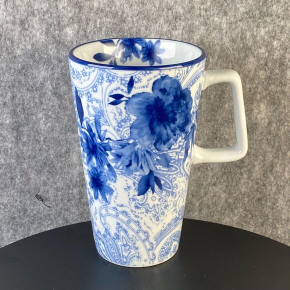 Cracker Barrel Blue and White Tall Coffee Mug Floral Paisley Replacement 6" 14oz - Picture 1 of 8